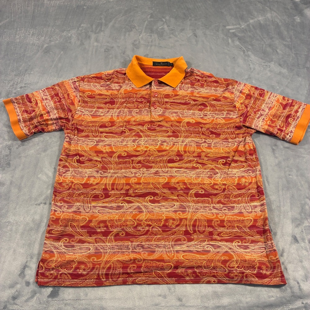 Bugatchi Polo Shirt Mens XL Orange Paisley Mercerized Cotton Short Sleeve